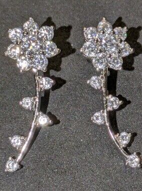 PAJ 925 Sterling Silver CZ Floral Climber Earrings Sparkly Flower Vine (New)